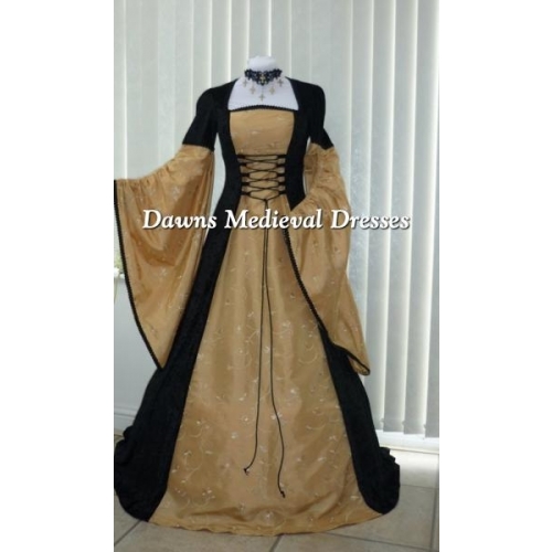 Renaissance  Medieval Black And Gold Taffeta Dress